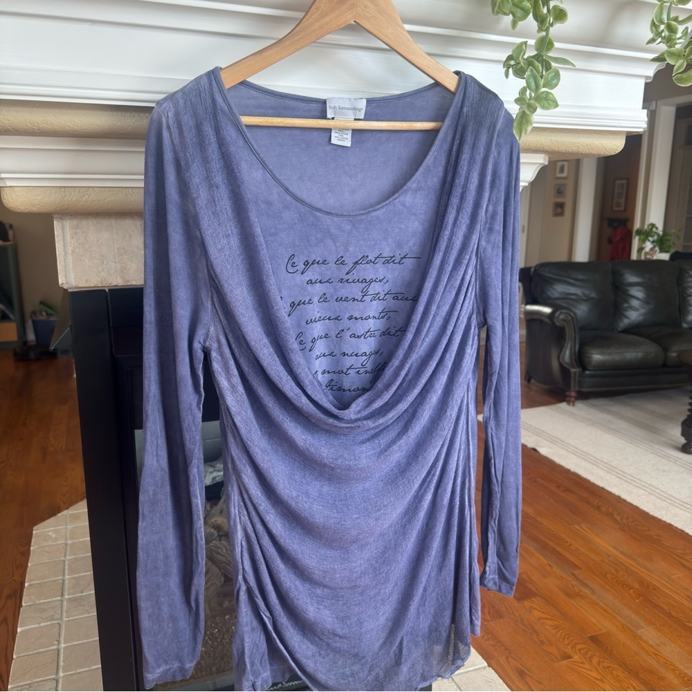 Soft Surrounding Long Sleeved Draped Burn out Cursive Writing Tunic Medium - Picture 2 of 5